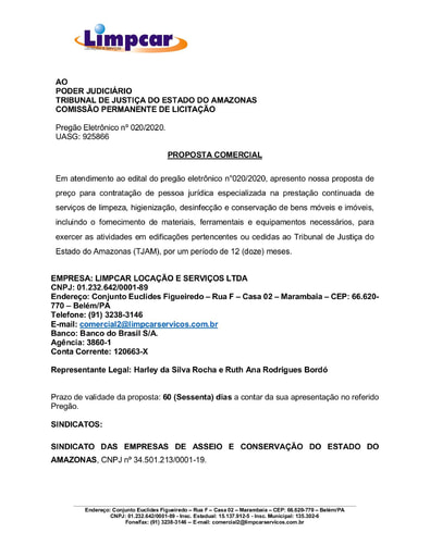 PREGÃO ELETRÔNICO Nº 020/2020 - PROPOSTA  - LIMP CAR
