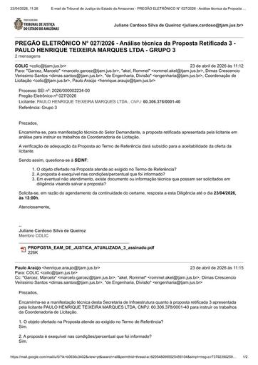 PREGÃO ELETRÔNICO Nº 027/2026 - DILIGÊNCIA COLIC À SEINF - PROPOSTA RETIFICADA 3 - GRUPO 3 - PAULO HENRIQUE TEIXEIRA MARQUES LTDA