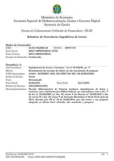 PREGÃO ELETRÔNICO Nº 034/2021 – IMPEDIMENTO - MEZI