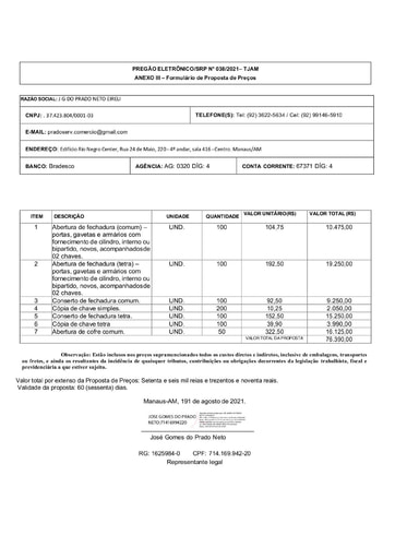 PREGÃO ELETRÔNICO Nº 038/2021 - PROPOSTA RETIFICADA - J G DO PRADO