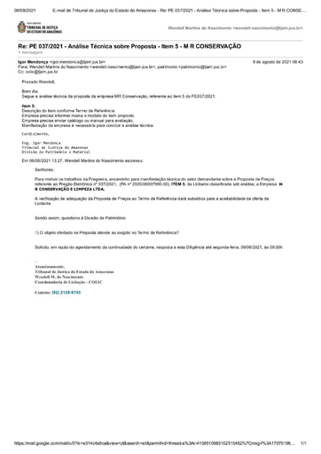 PREGÃO ELETRÔNICO Nº 037/2021 – DILIGÊNCIA CPL À DIVISÃO DE PATRIMÔNIO - PROPOSTA - ITEM 5 - M R CONSERVAÇÃO