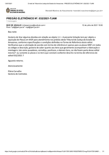 PREGÃO ELETRÔNICO Nº 032/2021 - PEDIDO DE ESCLARECIMENTO - FLÁVIA CARVALHO
