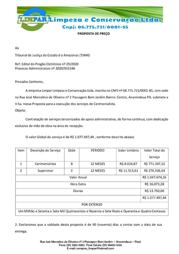 PREGÃO ELETRÔNICO Nº 029/2020 - PROPOSTA - LIMPAR