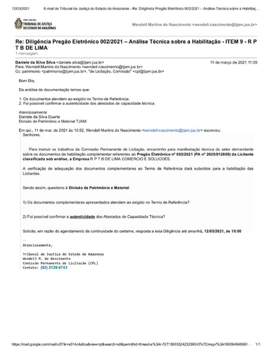 PREGÃO ELETRÔNICO Nº 002/20201 – DILIGÊNCIA CPL À DIVISÃO DE PATRIMÔNIO E MATERIAL - DOCUMENTAÇÃO - ITEM 9 - R P T B DE LIMA