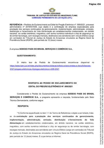 PREGÃO ELETRÔNICO Nº 009/2021 – RESPOSTA AO PEDIDO DE ESCLARECIMENTO - SODEXO