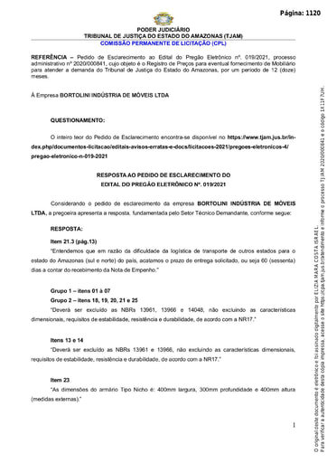PREGÃO ELETRÔNICO Nº 019/2021 – RESPOSTA PEDIDO DE ESCLARECIMENTO - BORTOLINI