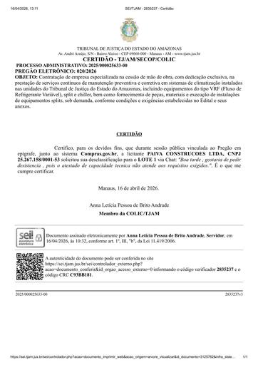 PREGÃO ELETRÔNICO Nº 020/2026 - CERTIDÃO DE DECURSO DE PRAZO - PAIVA CONSTRUCOES LTDA - LOTE 1