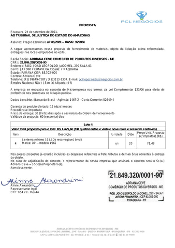 PREGÃO ELETRÔNICO Nº 45/2021 - PROPOSTA RETIFICADA - ITEM 4 - ADRIANA