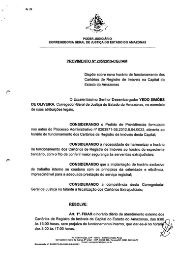 Provimento 205 - Dispõe sobre novo horário de funcionamento dos Cartórios de Registro de Imóveis na Capital do Estado do Amazonas