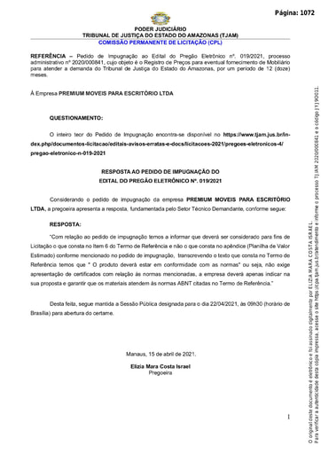 PREGÃO ELETRÔNICO Nº 019/2021 – RESPOSTA AO PEDIDO DE IMPUGNAÇÃO - PREMIUM