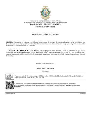 PREGÃO ELETRÔNICO Nº 025/2021 - COMUNICADO Nº 010/2021