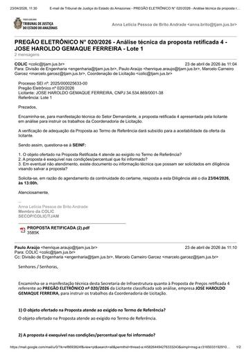 PREGÃO ELETRÔNICO Nº 020/2026 - DILIGÊNCIA COLIC À SEINF - PROPOSTA RETIFICADA 4 - JOSE HAROLDO GEMAQUE FERREIRA - LOTE 1