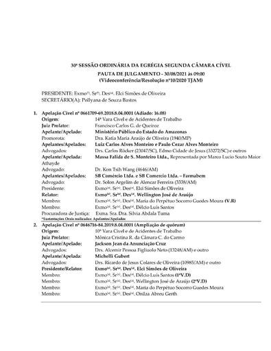 Pauta de Julgamento da Sessão Ordinária da Segunda Câmara Cível - 30.08.2021 (Videoconferência)