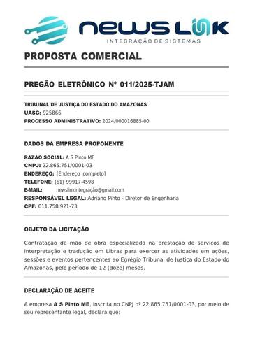 PREGÃO ELETRÔNICO Nº 011/2025 - PROPOSTA - A S PINTO