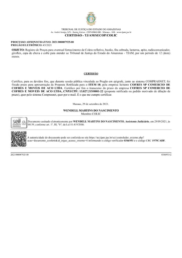 PREGÃO ELETRÔNICO Nº 45/2021 - CERTIDÃO DE DECURSO DE PRAZO - ITEM 10 - COFRES