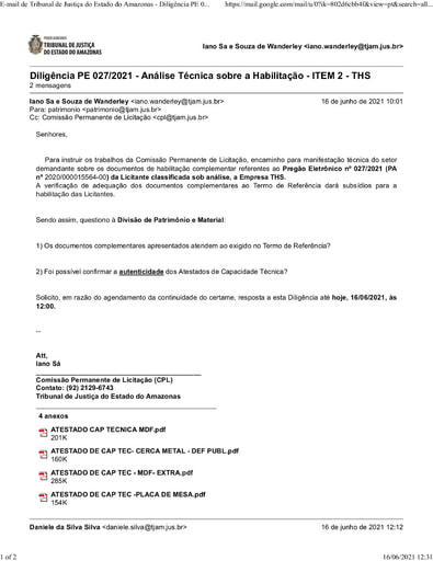 PREGÃO ELETRÔNICO Nº 027/2021 - DILIGÊNCIA CPL À DIVISÃO DE PATRIMÔNIO - HABILITAÇÃO - THS - ITEM 2