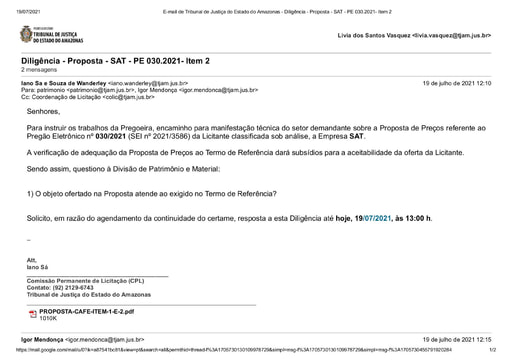 PREGÃO ELETRÔNICO Nº 030/2021 - DILIGÊNCIA CPL À DIVISÃO DE PATRIMÔNIO - PROPOSTA - ITEM 2 - SAT