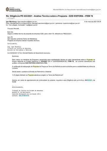 PREGÃO ELETRÔNICO Nº 023/2021 – DILIGÊNCIA CPL À DIVISÃO DE PATRIMÔNIO - PROPOSTA - GDD EDITORA - ITEM 76