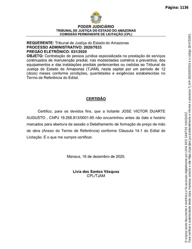 PREGÃO ELETRÔNICO Nº 031/2020 - CERTIDÃO - JOSE VICTOR