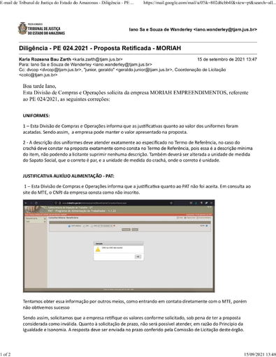 PREGÃO ELETRÔNICO Nº 024/2021 - DILIGÊNCIA COLIC À DIVISÃO DE COMPRAS - PROPOSTA RETIFICADA - MORIAH