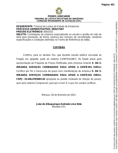 PREGÃO ELETRÔNICO Nº 006/2021 – CERTIDÃO DECURSO DE PRAZO - E. DA S. MIRANDA
