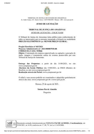 PREGÃO ELETRÔNICO Nº 43/2021 - AVISO DE LICITAÇÃO