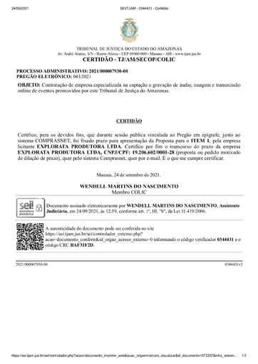 PREGÃO ELETRÔNICO Nº 043/2021 - CERTIDÃO DE DECURSO DE PRAZO - EXPLORATA