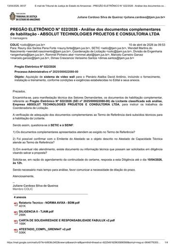 PREGÃO ELETRÔNICO Nº 022/2026 - DILIGÊNCIA COLIC À SETIC E À SEINF - DOCUMENTAÇÃO COMPLEMENTAR DE HABILITAÇÃO - ABSOLUT TECHNOLOGIES PROJETOS E CONSULTORIA LTDA