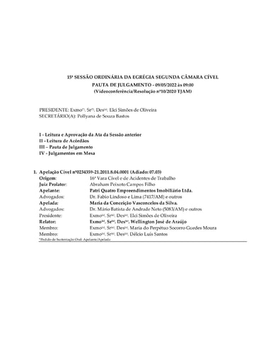 Pauta de Julgamento da Sessão Ordinária da Egrégia Segunda Câmara Cível - 09.05.2022 (Videoconferência)