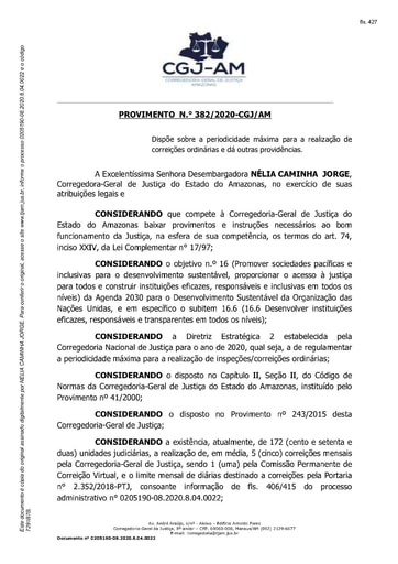 Provimento nº 382/2020-CGJ/AM (Dispõe sobre a periodicidade máxima para a realização de correições ordinárias e dá outras providências.)