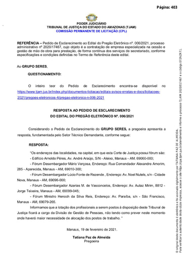 PREGÃO ELETRÔNICO Nº 006/2021 – RESPOSTA AO PEDIDO DE ESCLARECIMENTO - GRUPO SERES