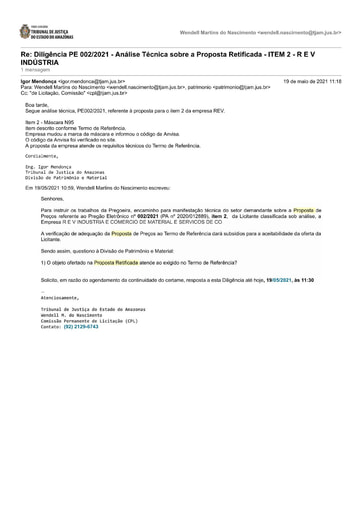 PREGÃO ELETRÔNICO Nº 002/2021 – DILIGÊNCIA CPL À DIVISÃO DE PATRIMÔNIO - PROPOSTA RETIFICADA - ITEM 2 - R E V INDÚSTRIA