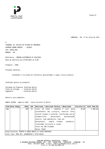 PREGÃO ELETRÔNICO Nº 035/2021 - PROPOSTA - ITENS 1 E 3 - PROLINE