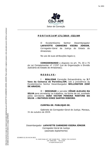 Portaria nº171/2019-CGJ/AM ( Realiza Correição Extraordinária na 3ª Vara da Comarca de Parintins/AM)