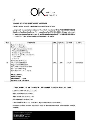 PREGÃO ELETRÔNICO Nº 037/2021 - PROPOSTA - ITEM 5 - MOVELEIRO