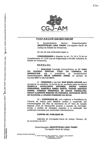 Portaria nº216/2017-CGJ/AM (Realiza Correição Extraordinária na 3ª Vara do Juizado Especial Cível da Comarca de Manaus/AM)
