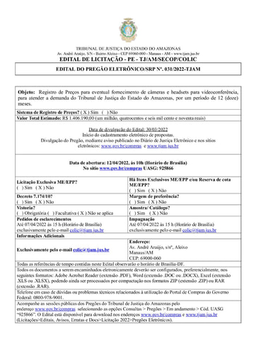 PREGÃO ELETRÔNICO Nº 031/2022 - EDITAL DE LICITAÇÃO