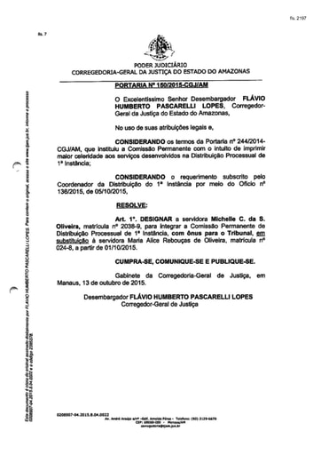 Portaria nº150/2015-CGJ/AM (Designar a servidora Michelle C. da S. Oliveira para integrar a Comissão Permanente de Distribuição Processual de 1ª Instância)