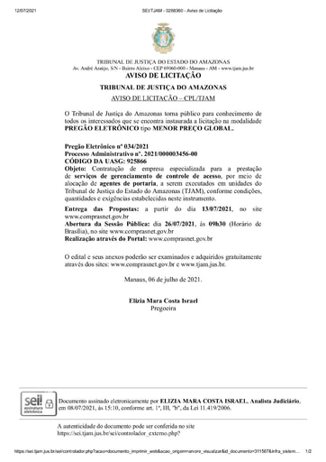 PREGÃO ELETRÔNICO Nº 034/2021 - AVISO DE LICITAÇÃO