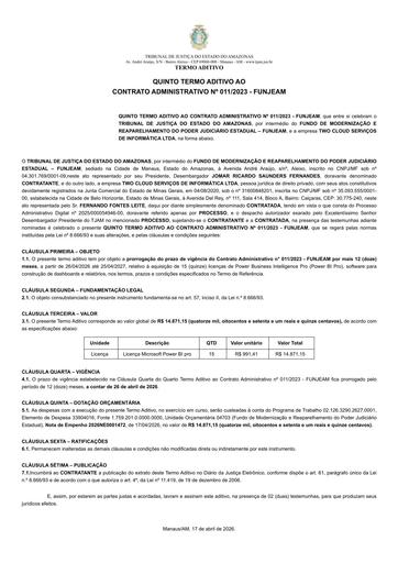 5º TERMO ADITIVO AO CONTRATO ADMINISTRATIVO Nº 011/2023 - FUNJEAM x TWO CLOUD SERVIÇOS DE INFORMÁTICA EIRELI