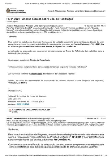 PREGÃO ELETRÔNICO Nº 021/2021 - DILIGÊNCIA CPL À DIVISÃO DE ENGENHARIA - HABILITAÇÃO - FB COMÉRCIO