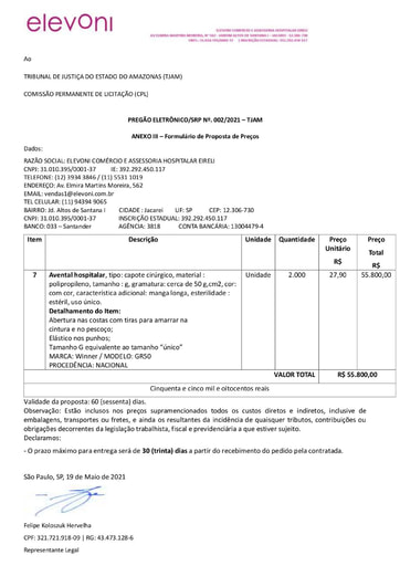 PREGÃO ELETRÔNICO Nº 002/2021 – PROPOSTA - ITEM 7 - ELEVONI