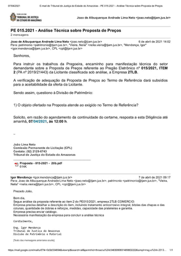 PREGÃO ELETRÔNICO Nº 015/2021 - DILIGÊNCIA CPL À DIVISÃO DE PATRIMÔNIO - PROPOSTA - ITEM 2 - 2TLB