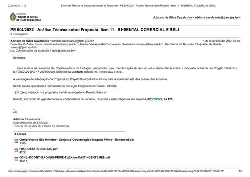 PREGÃO ELETRÔNICO Nº 004/2022 - DILIGÊNCIA COLIC À SECRETARIA DE SERVIÇOS INTEGRADOS DE SÁUDE - ITEM 11 -PROPOSTA - BHDENTAL