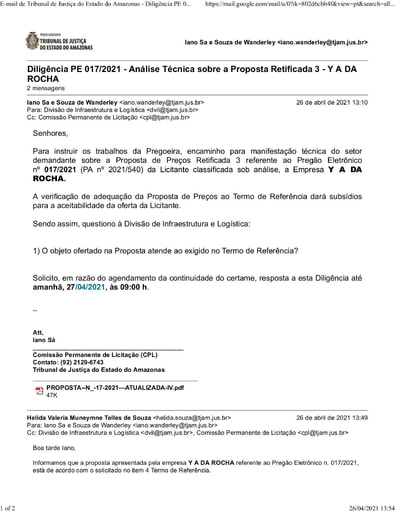 PREGÃO ELETRÔNICO Nº 017/2021 - DILIGÊNCIA CPL À DIVISÃO DE INFRAESTRUTURA E LOGÍSTICA - PROPOSTA RETIFICADA 3 - Y A DA ROCHA