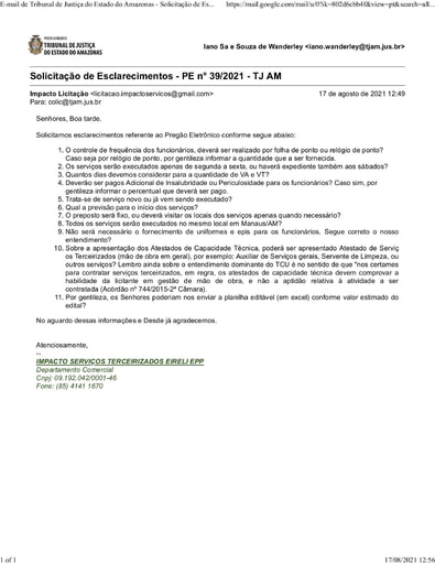PREGÃO ELETRÔNICO Nº 039/2021 - PEDIDO DE ESCLARECIMENTO - IMPACTO