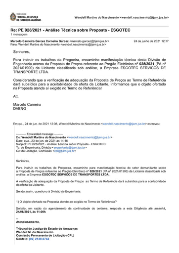 PREGÃO ELETRÔNICO Nº 028/2021 - DILIGÊNCIA CPL À DIVISÃO DE ENGENHARIA - PROPOSTA - ESGOTEC