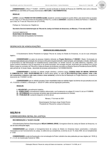 PREGÃO ELETRÔNICO Nº 009/2021 - DESPACHO DE HOMOLOGAÇÃO (DJE)