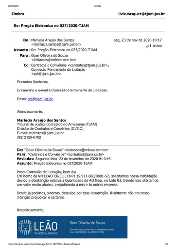 PREGÃO ELETRÔNICO Nº 027/2020 -E-MAIL ITEM 3 - N N LEÃO