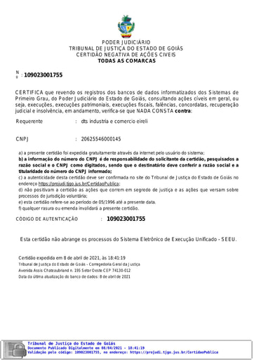 PREGÃO ELETRÔNICO Nº 023/2021 - DOCS. RETIRADOS DO SICAF E SITES - D.T. S INDUSTRIA - GRUPO 6
